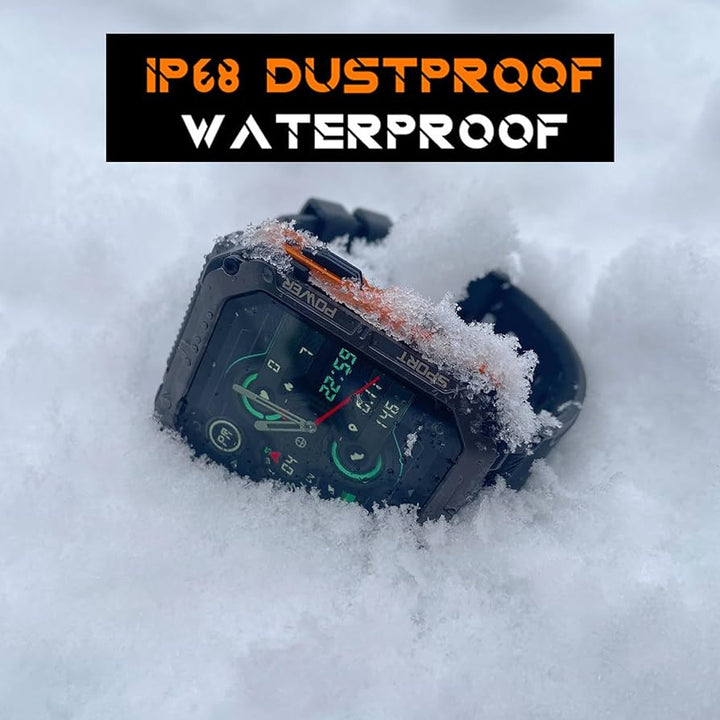 Unisex rugged smartwatch worn on a wrist during a hike, displaying fitness data on a bright screen.