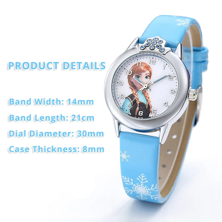 Detailed view of girls' Princess Elsa watch, showcasing a vibrant Frozen dial & a soft, sturdy pink leather strap.