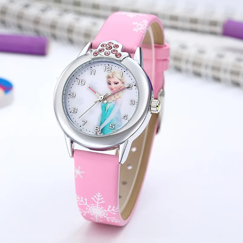Magical Princess Elsa cartoon watch with a glittery dial & white leather band; an ideal children's gift for time telling.