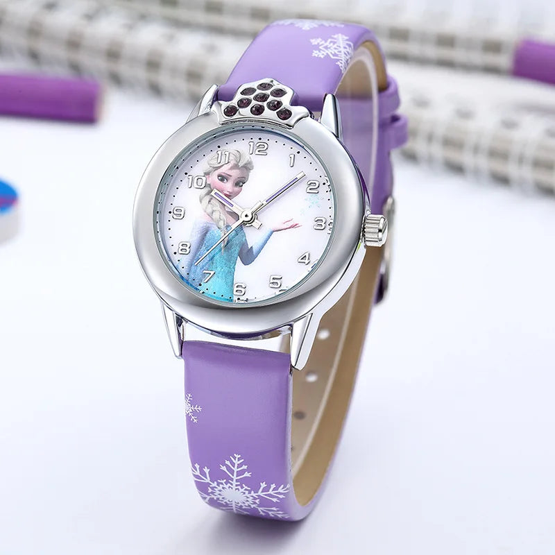 Kids' Frozen themed watch featuring Princess Elsa, easy-to-read numbers, & a comfortable pink leather strap.