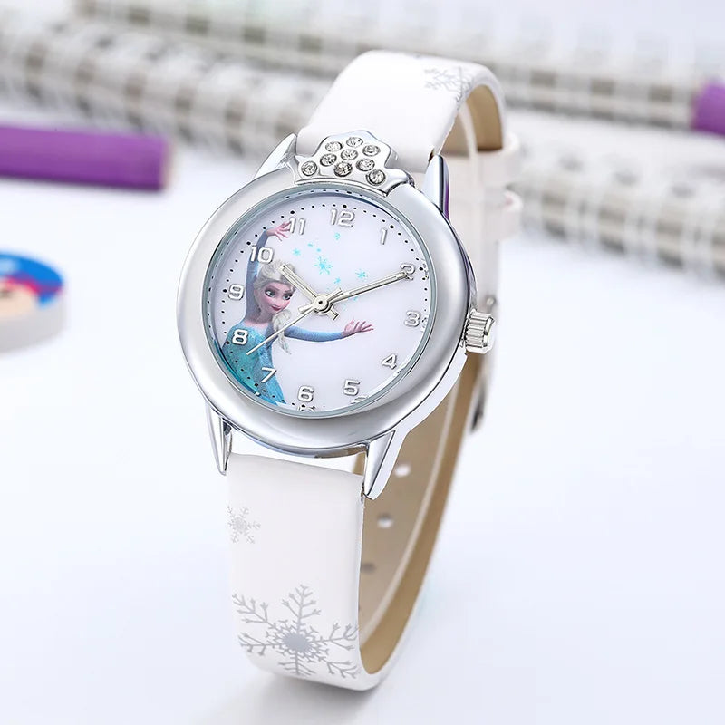 Elegant girls' Princess Elsa watch with a detailed Frozen design & a premium, adjustable blue leather band.