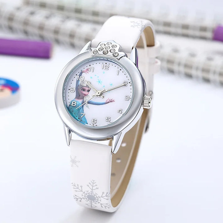 Elegant girls' Princess Elsa watch with a detailed Frozen design & a premium, adjustable blue leather band.