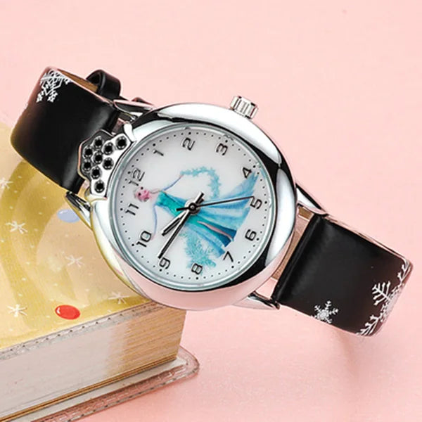 Enchanting girls' Anna & Elsa watch with a fun cartoon design & a stylish, durable leather band for kids.