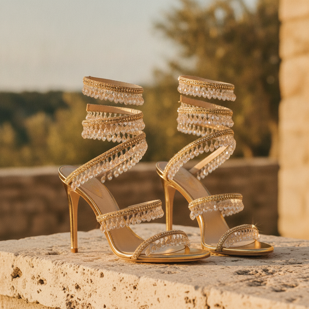 Close-up of sparkling gold block heels with intricate crystal embellishments for a wedding.