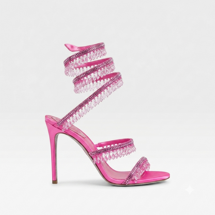 Glamorous gold block heels with clear crystal accents, perfect wedding heels for a bride.