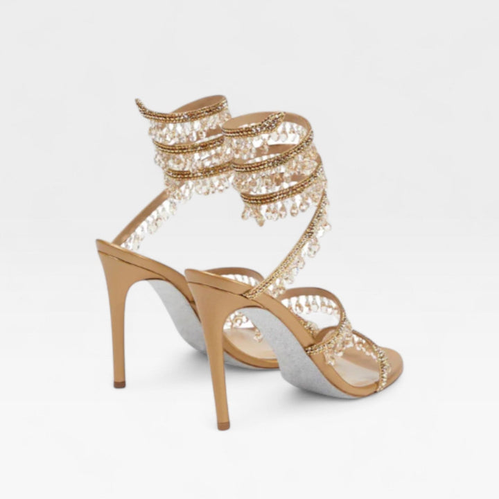 Beautiful wedding heels: gold block heels with shimmering crystal embellishments for women.
