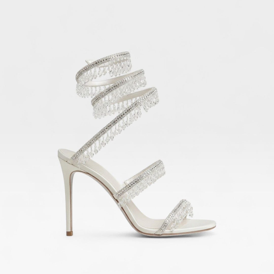 Luxurious gold block wedding heels with delicate crystal straps, elegant footwear for brides.