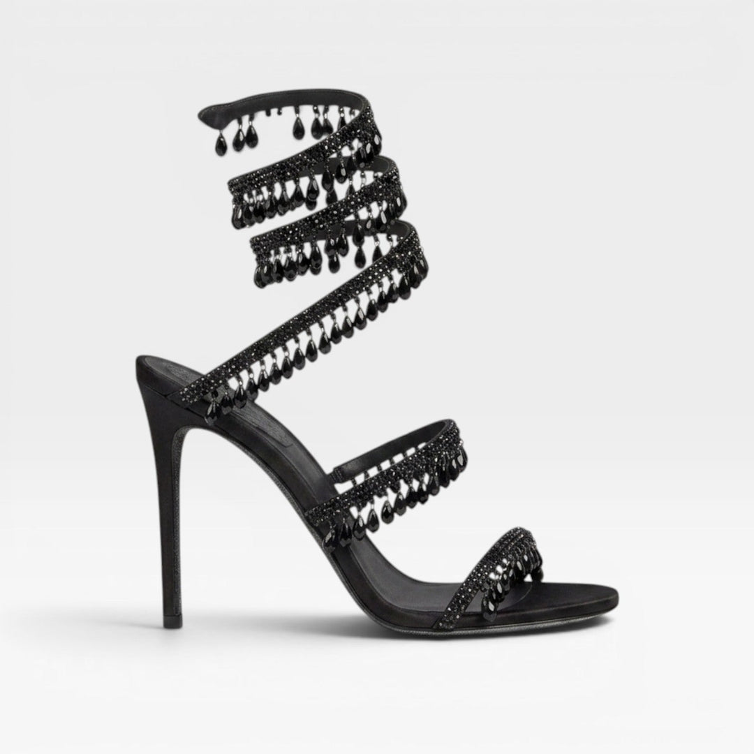 Side profile: Gold block heels with crystal embellishments, essential formal wedding shoes.