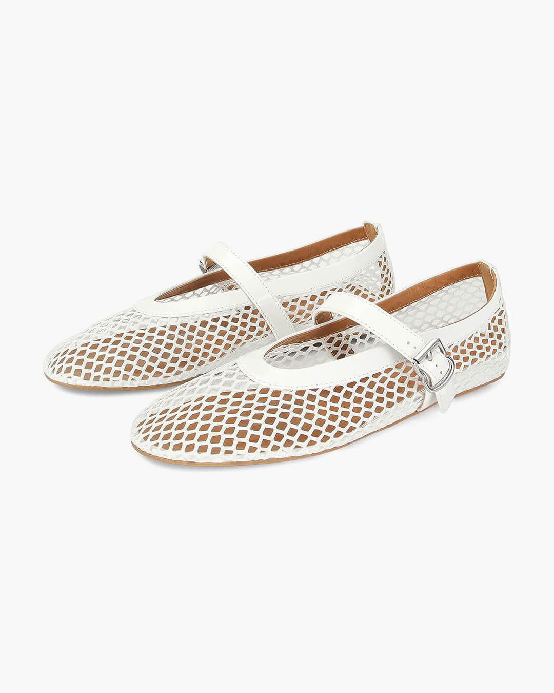 Close-up of Apricot Mesh Ballet Flats, showing secure strap & lightweight design for women.