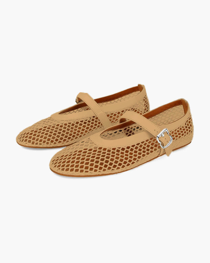 Black strap ballet flats for women, elegant mesh design, comfortable and versatile everyday shoes.