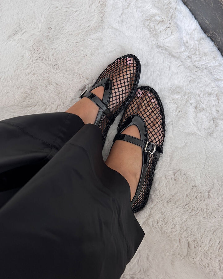 Women's Mary Jane style Mesh Ballet Flats in black, elegant & comfortable strap flats.