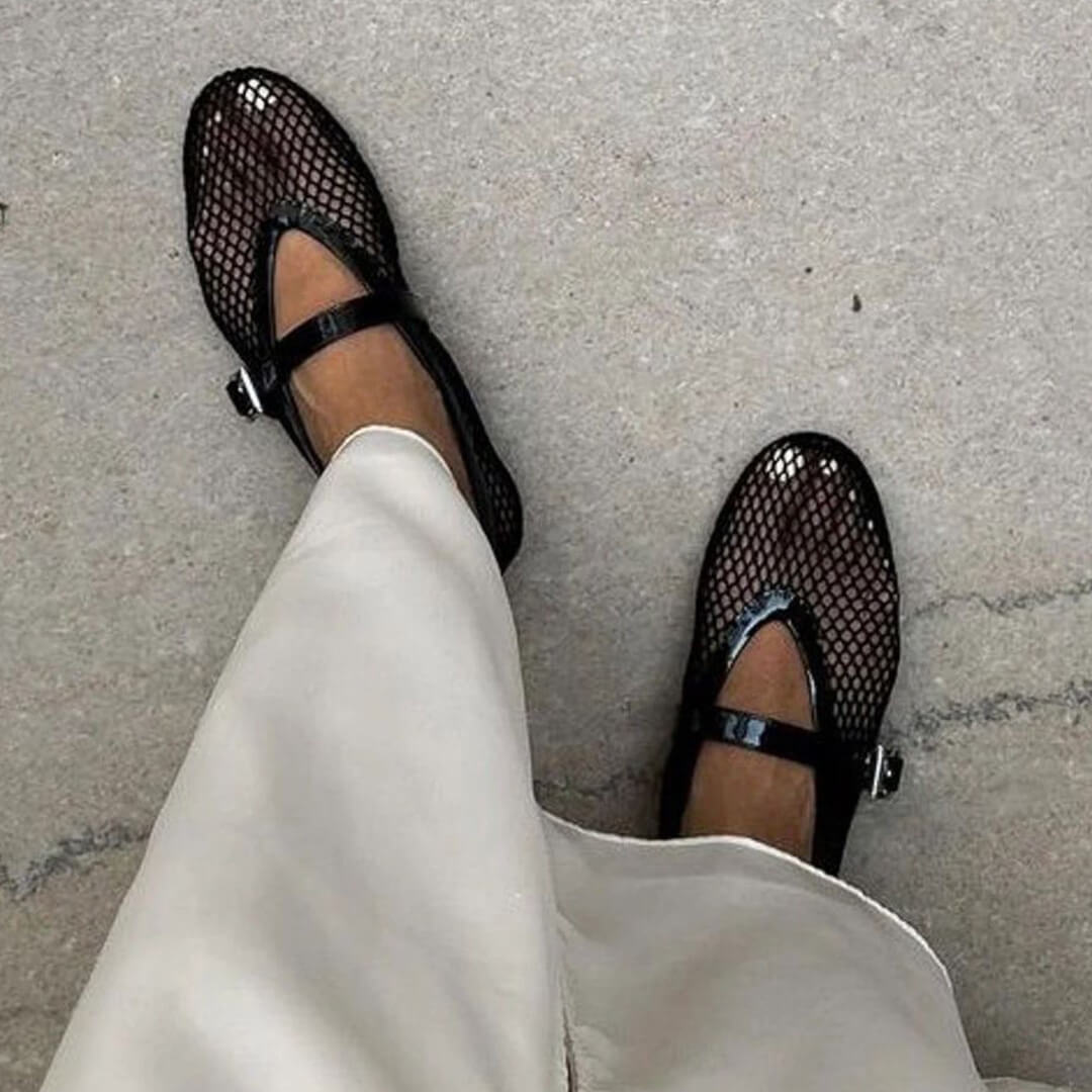 Lightweight Apricot Mesh Ballet Flats with a secure strap, perfect casual everyday shoes for women.
