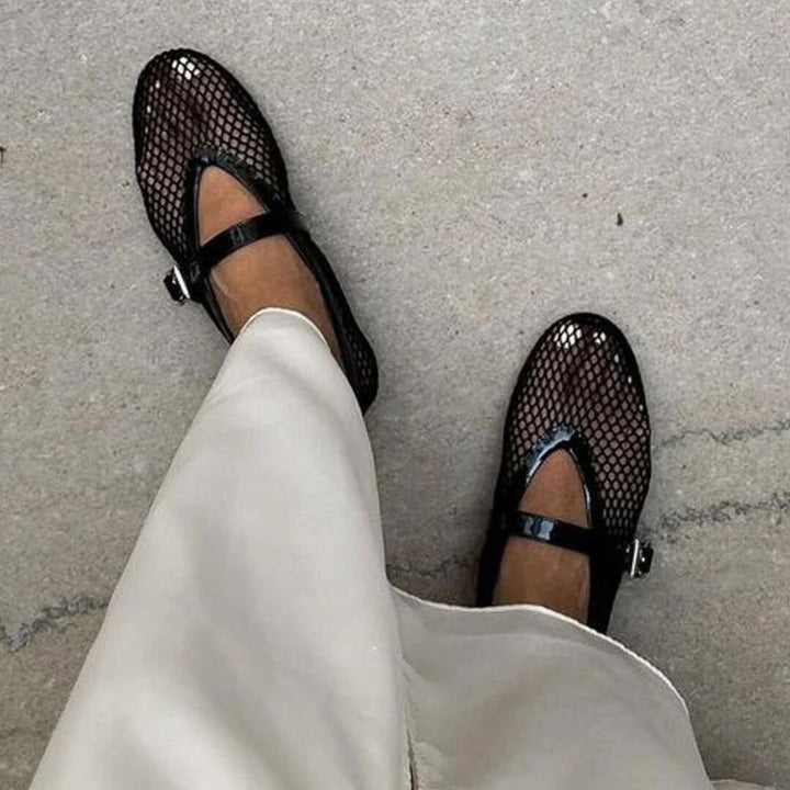 Lightweight Apricot Mesh Ballet Flats with a secure strap, perfect casual everyday shoes for women.