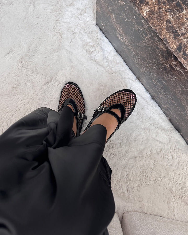 Women's Apricot Strap Flats, chic mesh ballet design, lightweight & perfect for casual wear.