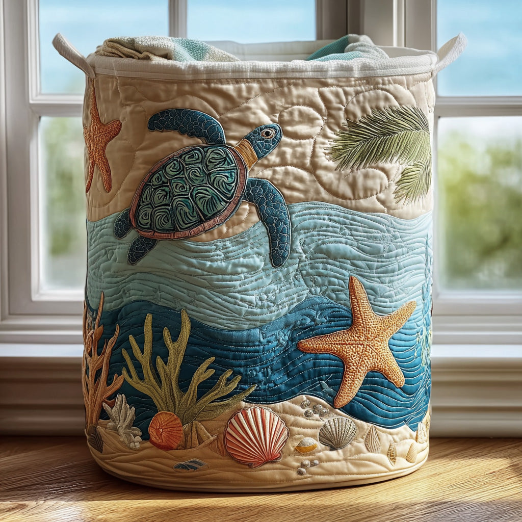 Coastal Harmony quilted fabric laundry basket. Decorative storage bin for bedroom, bathroom, or home organization.