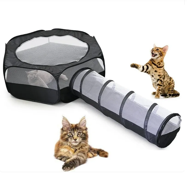 Collapsible cat play tunnel, scratching house & cozy bed. Feline pet toy with scratch post for active cats.