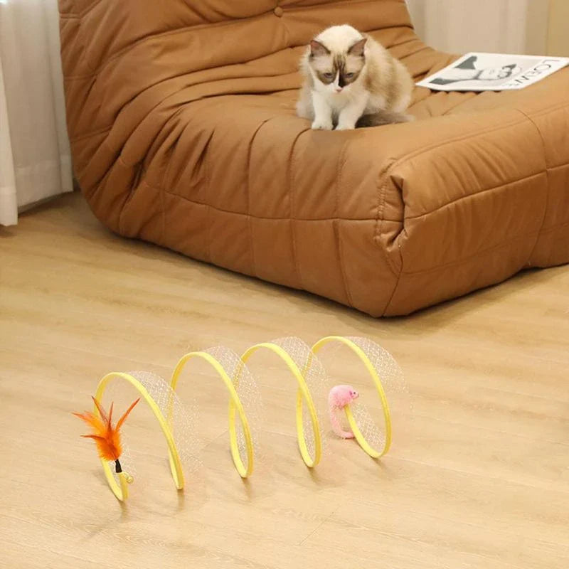 Collapsible cat tunnel with dangling plush toys for interactive feline play and enrichment.