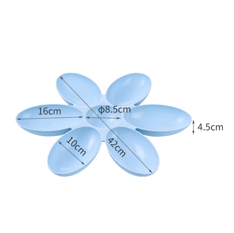 Vibrant flower-shaped pet food & water dish with 6 separate bowls for cats & small animals. Multi-pet.