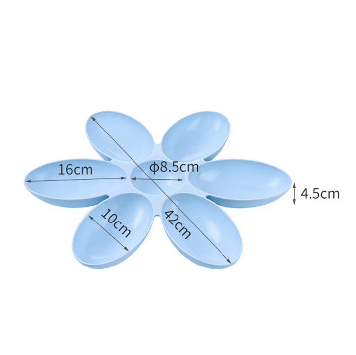Vibrant flower-shaped pet food & water dish with 6 separate bowls for cats & small animals. Multi-pet.