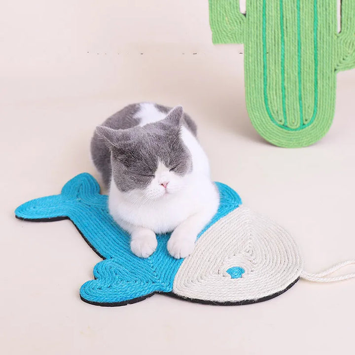 Durable sisal cat scratcher mat protects furniture, featuring a fun cactus and fish design.