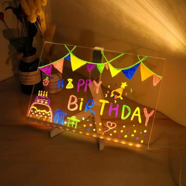 Desktop display board with colorful LED lights and a soothing night light.
