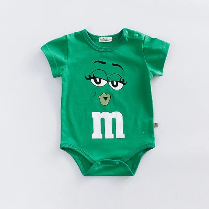 Colorful M&M character print baby romper for infants & toddlers. Short sleeve, snap closure, comfy playwear.