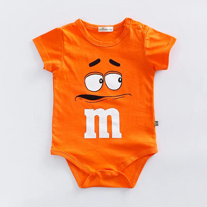 Adorable M&M faces character print baby romper. Soft, colorful short sleeve infant & toddler playwear.