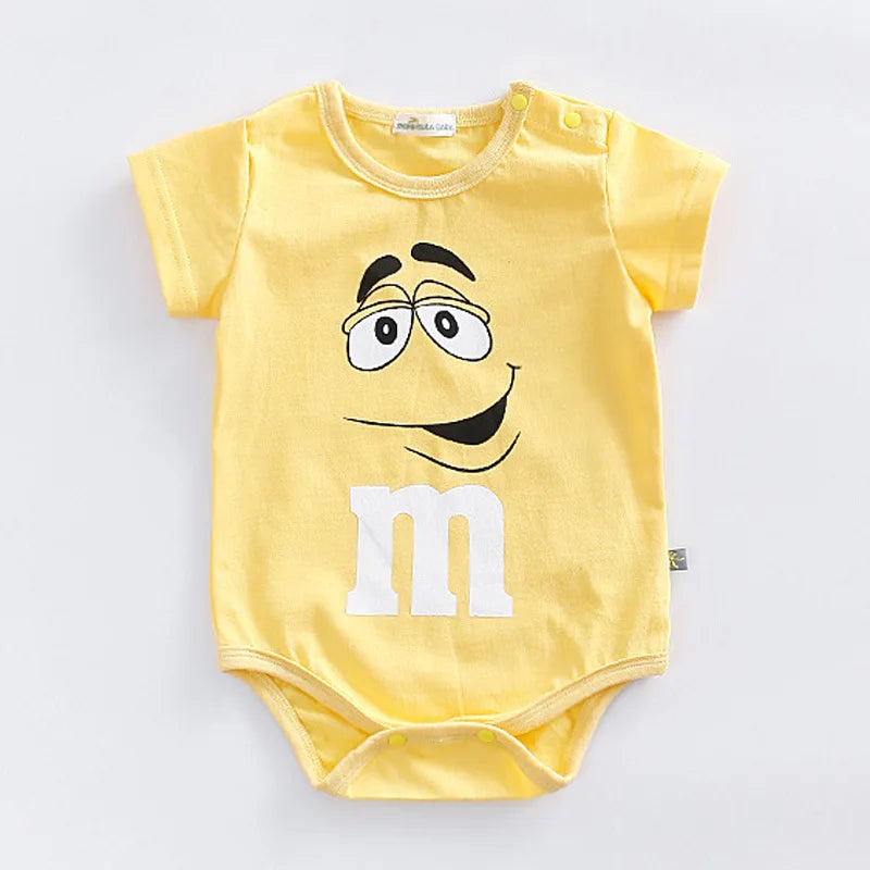 Bright M&M character toddler romper, perfect for boys & girls. Short sleeve, snap closure, comfy summer playwear.