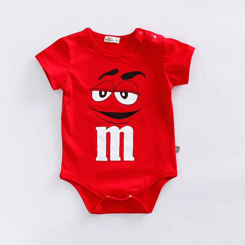 Cute colorful M&M character baby romper with short sleeves & convenient snap closure. Ideal infant outfit.
