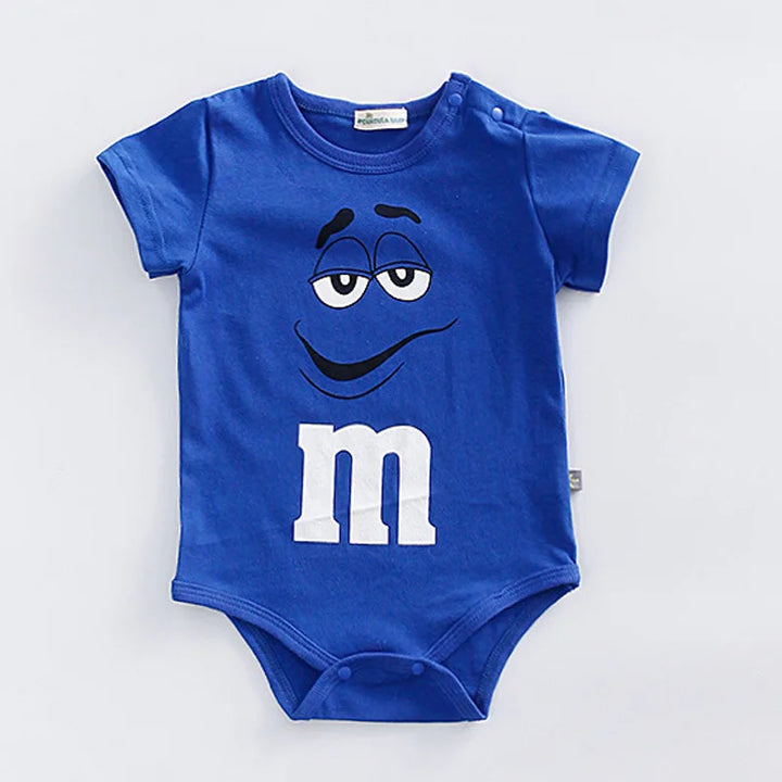 Vibrant M&M character print infant & toddler playwear romper. Short sleeve, comfortable, colorful baby outfit.