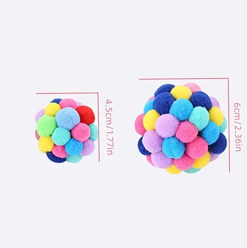 Vibrant multi-color pompom cat toy, a plush interactive ball for active feline fun & pet enrichment.