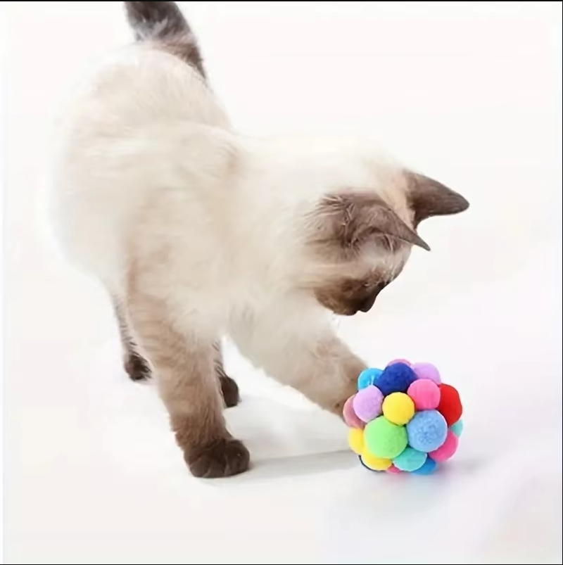 Close-up of a soft, squishy pompom cat ball, an interactive pet toy perfect for stimulating kitten play.