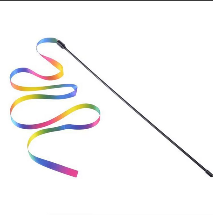 Interactive cat wand toy promoting active exercise & fun playtime for pets. Features a vibrant rainbow design.