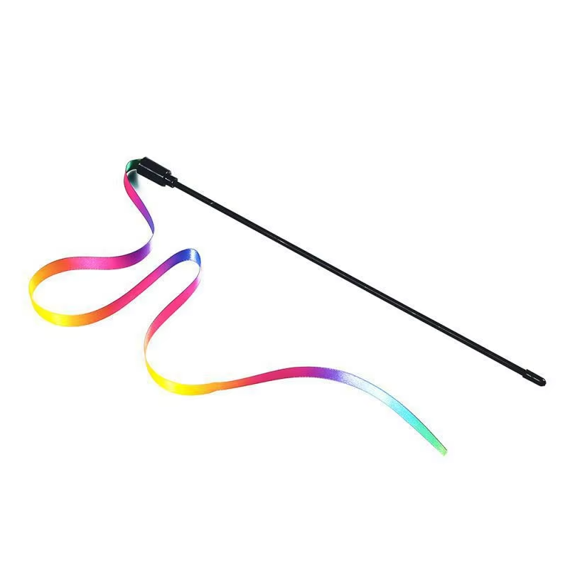 Long rainbow interactive cat play wand, ideal for engaging playtime, exercise, & bonding with your pet cat or kitten.