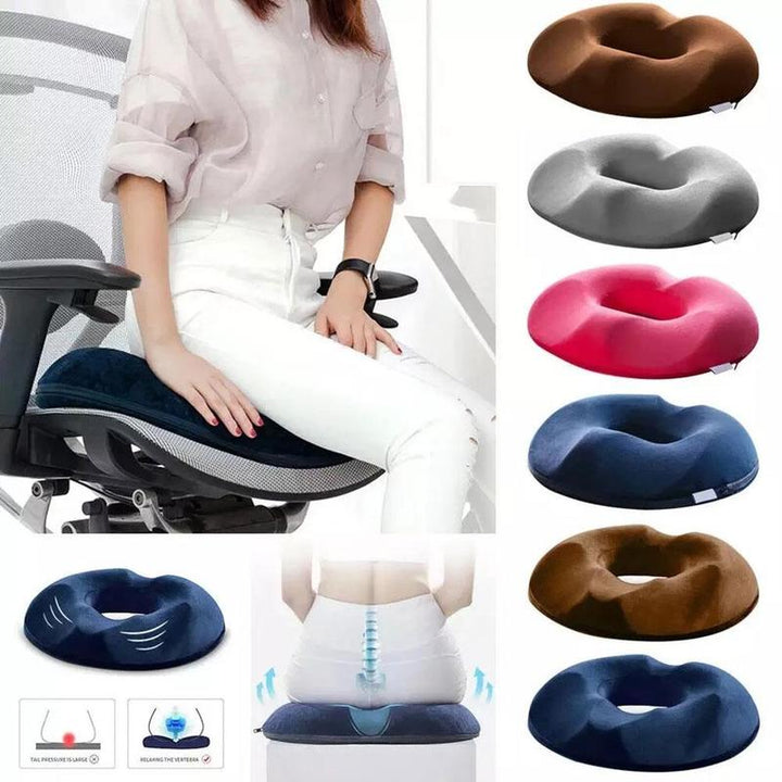 Ergonomic donut cushion for tailbone pain relief and comfortable sitting.