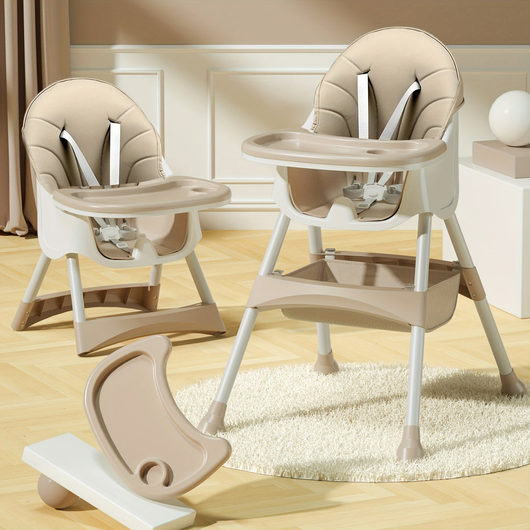 Versatile baby high chair transforms from infant seat to toddler chair, with a convenient removable tray.