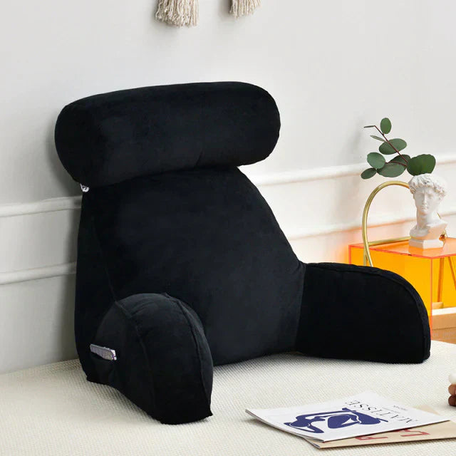 Memory foam reading pillow with integrated armrests for ultimate back support