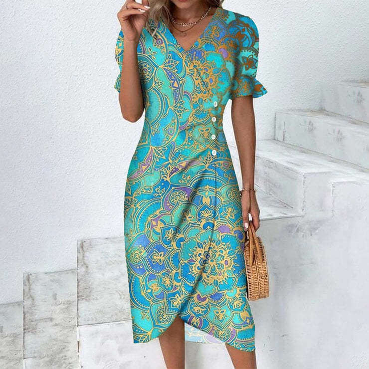 Front view of a women's comfortable knee-length summer dress, showcasing effortless casual style.