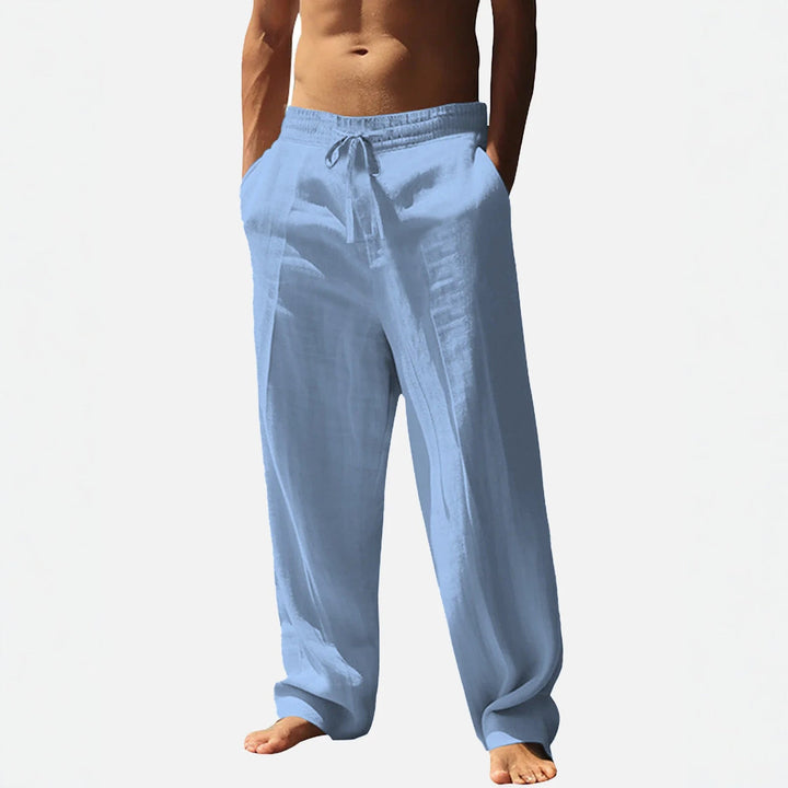 Comfortable men's lightweight trousers with elastic waist, relaxed fit, straight leg & functional pockets.