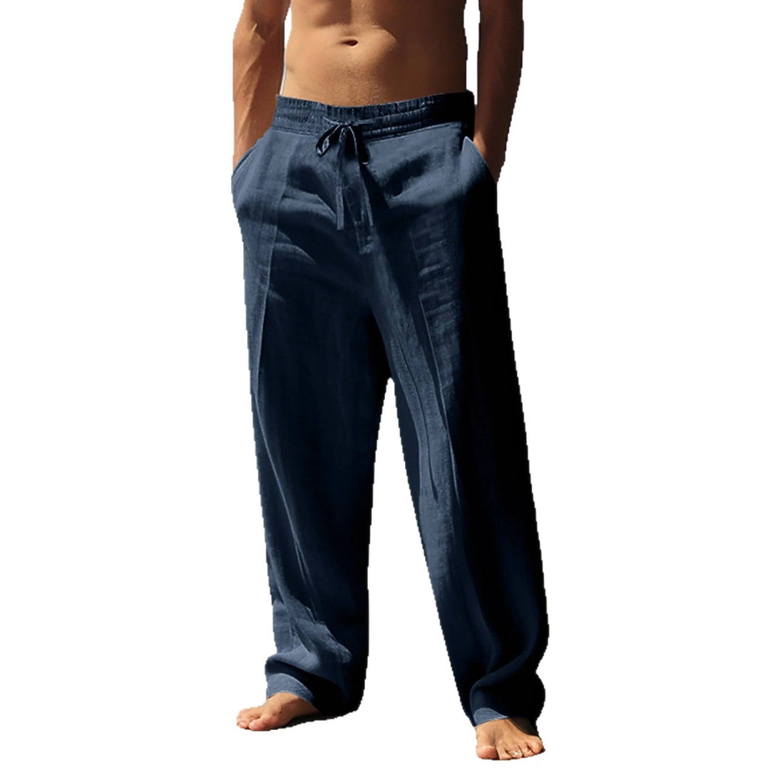 Stylish men's lightweight trousers with an elastic waist, straight leg, & functional pockets for summer.