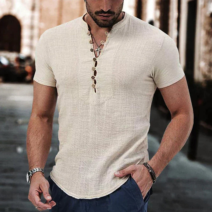 Comfortable men's short sleeve breathable henley shirt, perfect for casual everyday style.