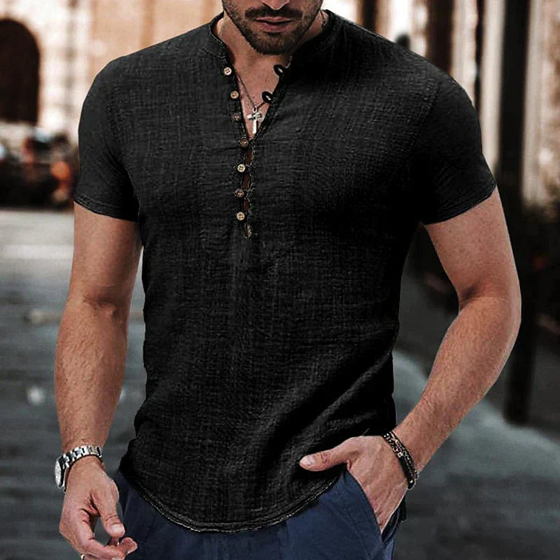 Effortless men's short sleeve henley top in a comfortable, breathable fabric for casual menswear.