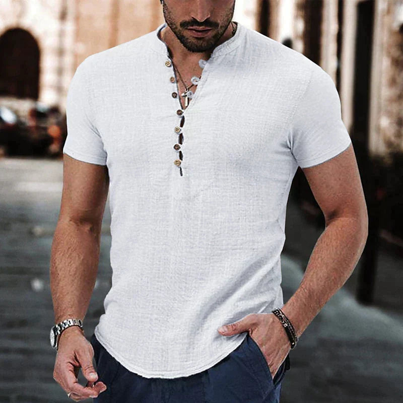 Versatile men's henley shirt, short sleeve, button neck design for comfortable and everyday style.