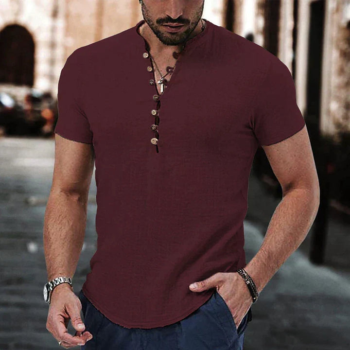 Breathable men's short sleeve henley shirt for men's fashion. Comfortable, casual everyday top.