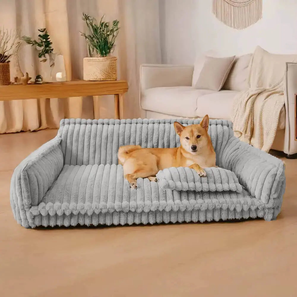 Plush corduroy orthopaedic dog sofa, a comfortable & supportive pet bed with raised edges for all dog sizes.
