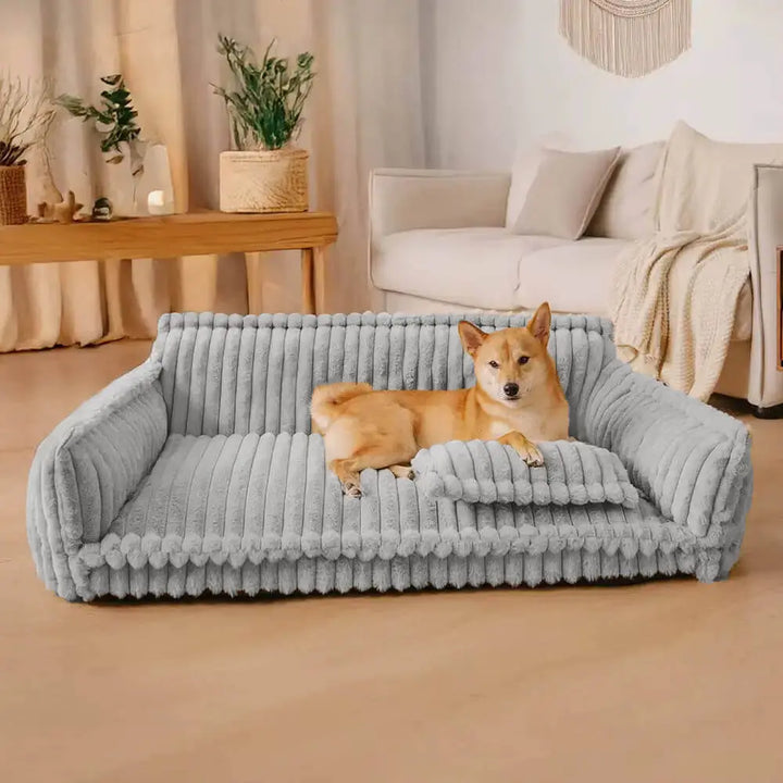 Plush corduroy orthopaedic dog sofa, a comfortable & supportive pet bed with raised edges for all dog sizes.