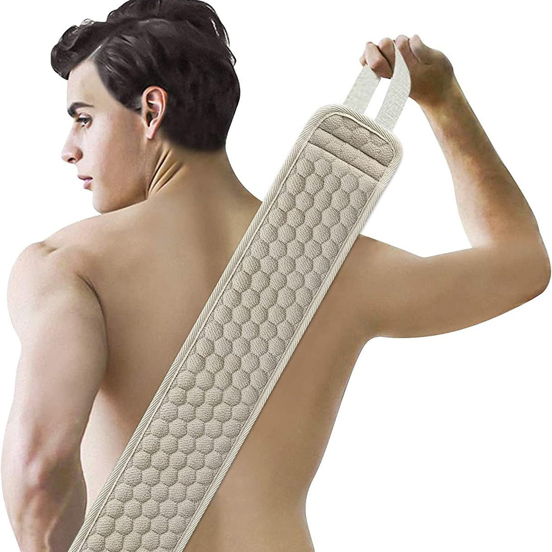 Comfortable polyester back scrubber for deep cleansing and skin exfoliation in the shower.