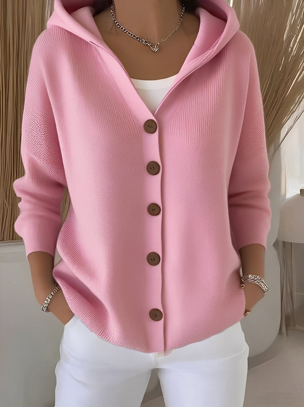 Comfortable women's hooded cardigan with buttons, ideal for casual fall fashion & everyday comfort.