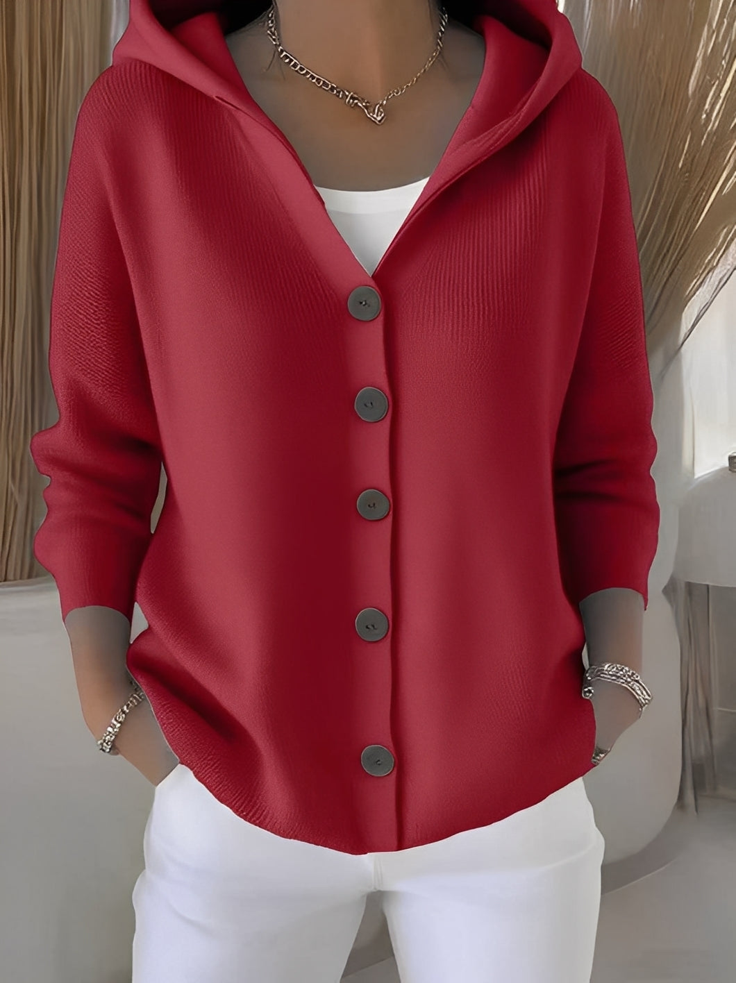 Versatile women's hooded button cardigan, a casual essential for everyday comfort and seasonal style.