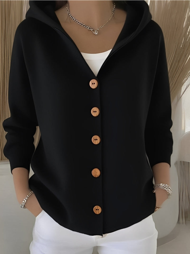 Cozy women's knitted hooded cardigan with buttons, perfect for a relaxed fit & everyday fall/winter comfort.